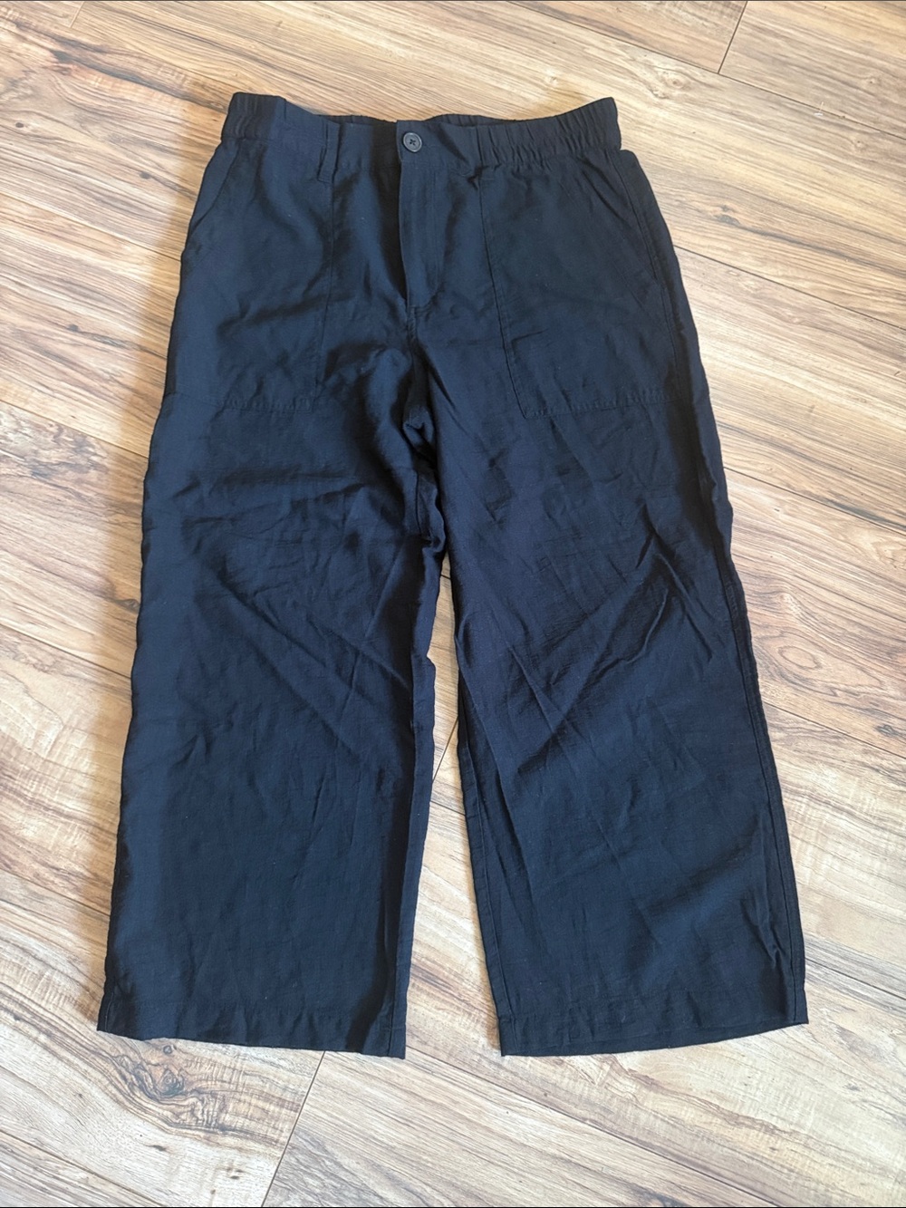 Linen Like Black Cropped Wide-Leg Pants